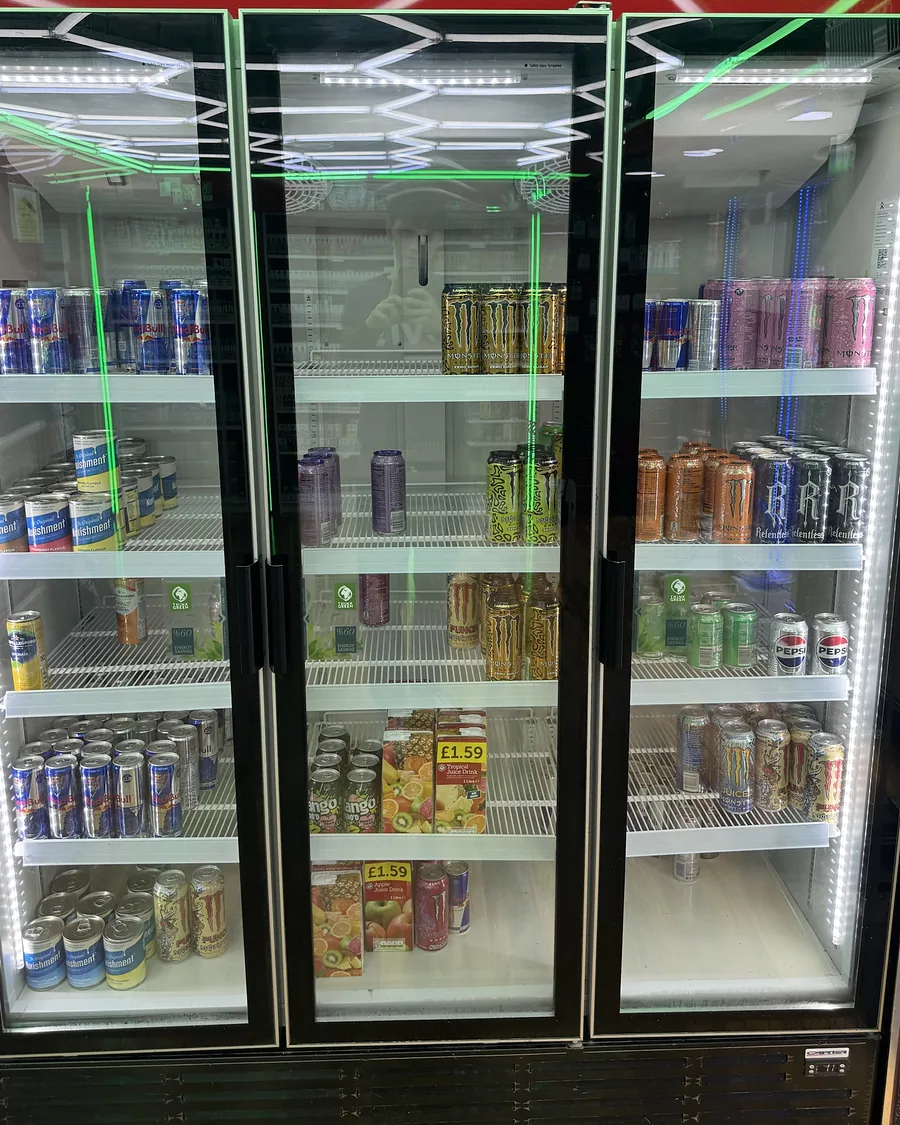 Bambo's three-door drinks fridge stocked with energy drinks, soft drinks and juices